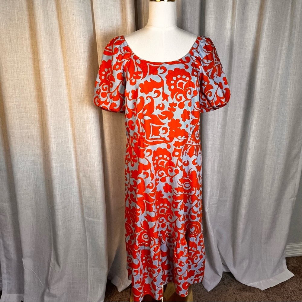 Talbots Summer Spring Orange and White Jacobean Puff Sleeve Midi Dress NWT - Picture 3 of 10